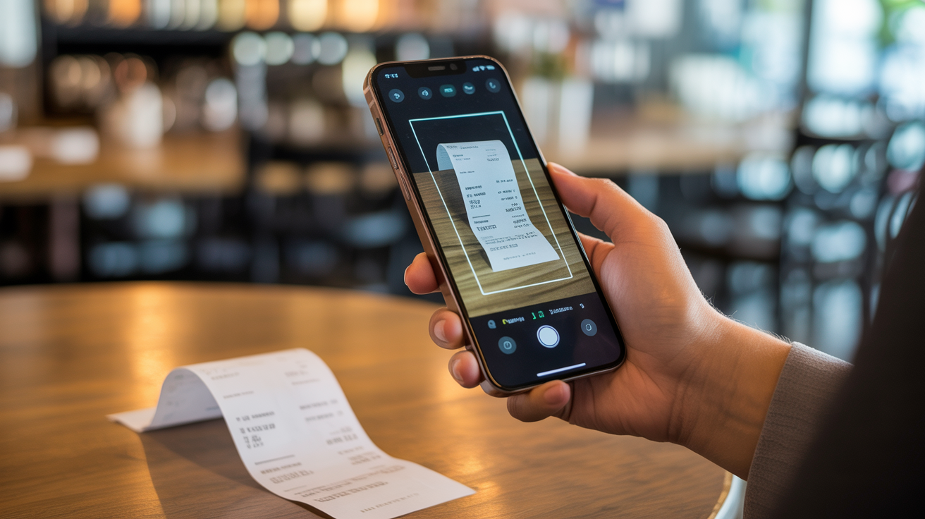 Person scanning a receipt with a smartphone using Cost CheqMate smart receipt scanning